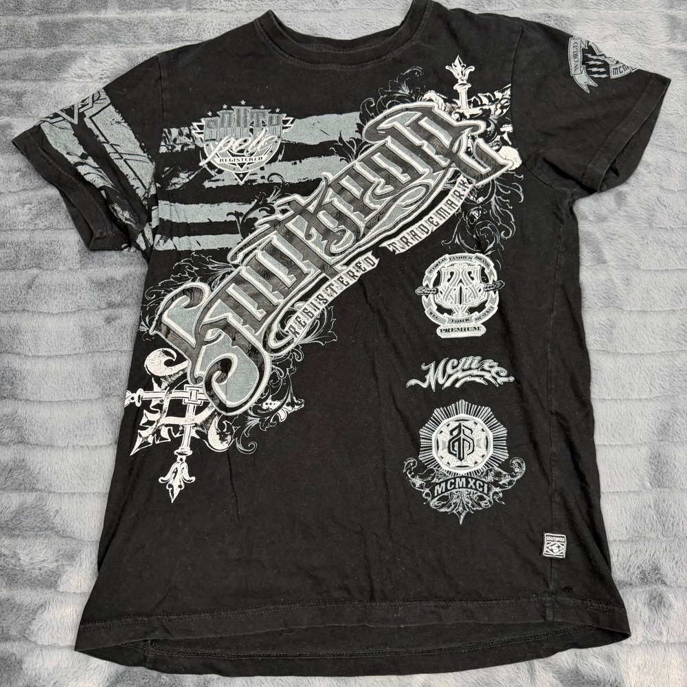 Southpole Mens Graphic T-Shirt Black Gothic Streetwear Superior Logo Small